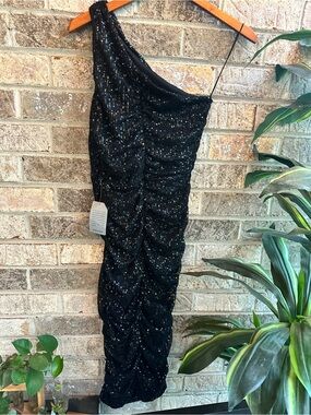 NWT One-Shoulder Stretchy Black Sequin Cocktail Midi knee length Dress